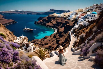 A rugged hiking trail leading to a panoramic viewpoint, offering a captivating vista of Santorini's dramatic coastline and volcanic islets. - Powered by Adobe
