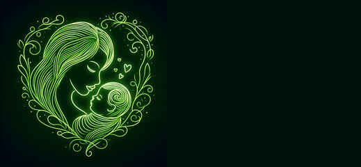 Green colors are line drawings of the tender bond between a mother and her little one with Hearts. Generative ai