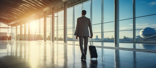 Businessman walking with travel bag along at airport sunlight, business trip, corporate and people concept, sunlight