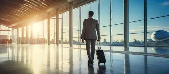 Foto op Plexiglas Businessman walking with travel bag along at airport sunlight, business trip, corporate and people concept, sunlight © ETAJOE