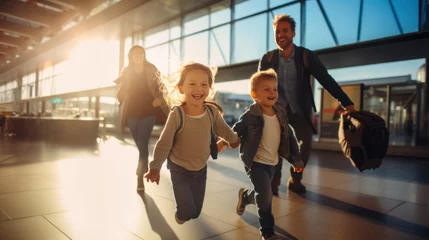Tuinposter Happy family traveler go to airport gate, family with travel bag excited for traveler trip © ETAJOE