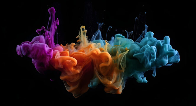 Color drops in water , abstract color mix , drop of Ink color mix paint falling on water Colorful ink in water