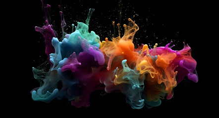 Color drops in water , abstract color mix , drop of Ink color mix paint falling on water Colorful ink in water