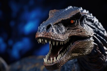 Close-up of a realistic Tyrannosaurus Rex model against a dark blue background, showing detailed texture and fierce expression.
