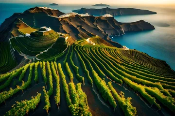 Papier Peint photo Lavable Prairie, marais A birds-eye view of the Santorini vineyards, with terraced slopes adorned with grapevines overlooking the sea, creating a mesmerizing patchwork of green against the blue backdrop.