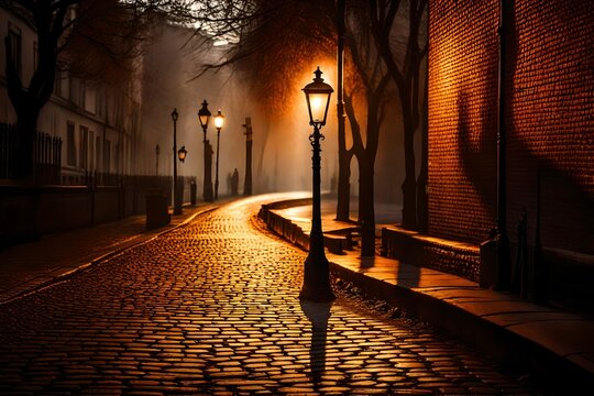 A solitary street lamp casting a warm glow on a quiet cobblestone pathway, shadows stretching across the ground as a light mist settles in.