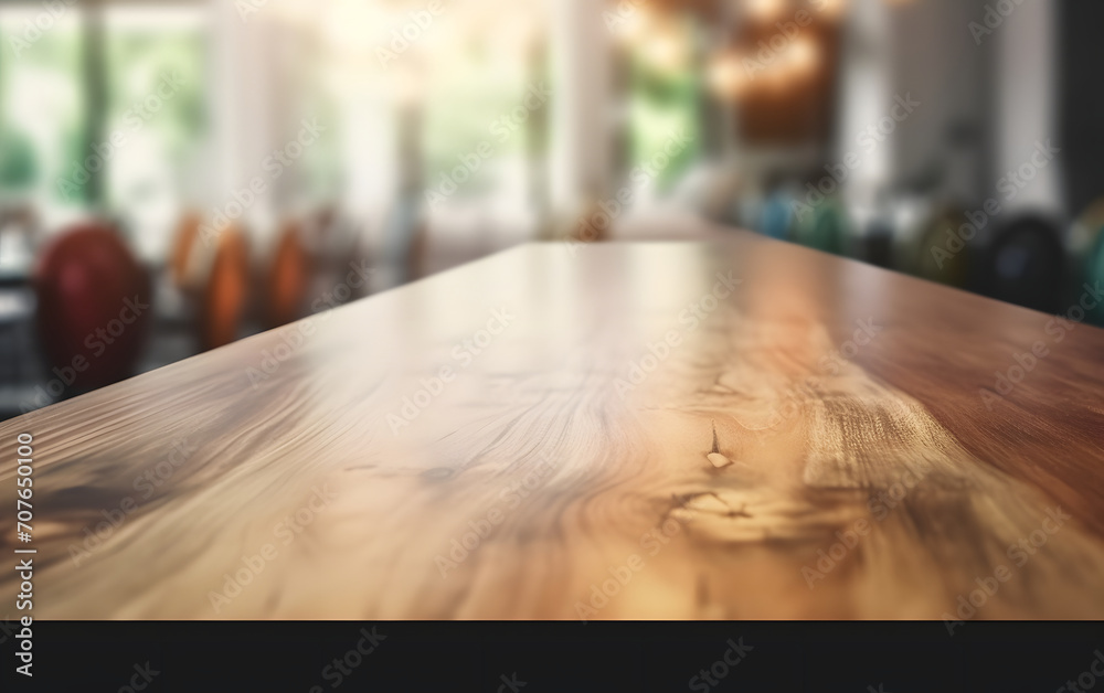 Aufkleber Empty wooden table in front of blurred and abstract window background