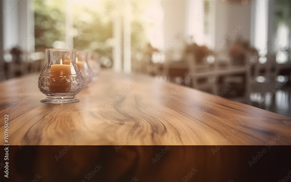 Poster Empty wooden table in front of blurred and abstract window background