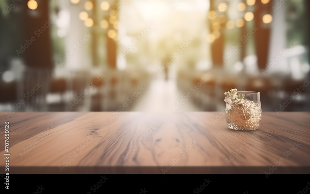 Aufkleber Empty wooden table in front of blurred and abstract window background