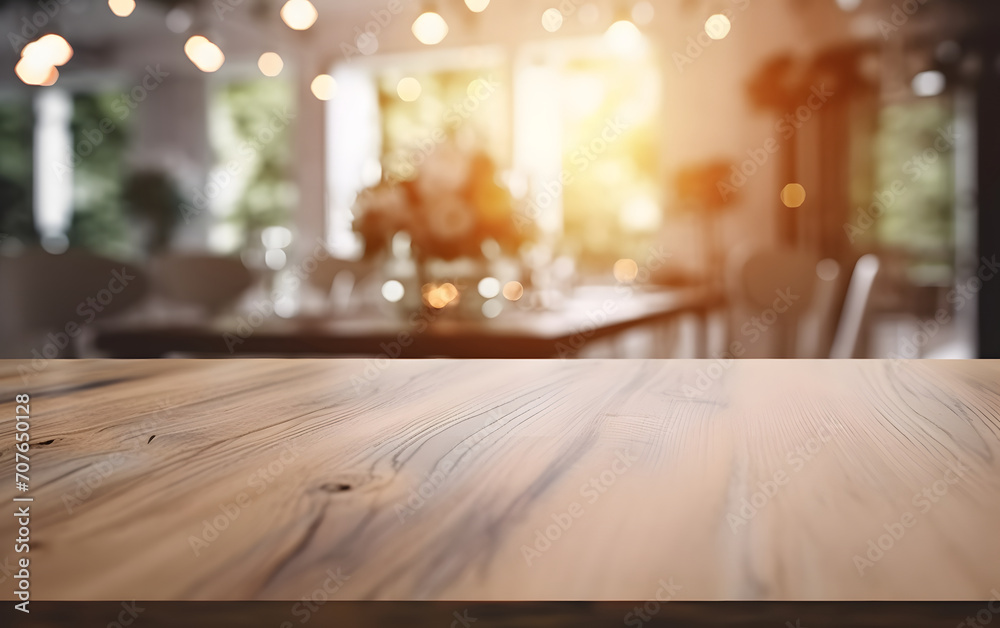 Poster Empty wooden table in front of blurred and abstract window background