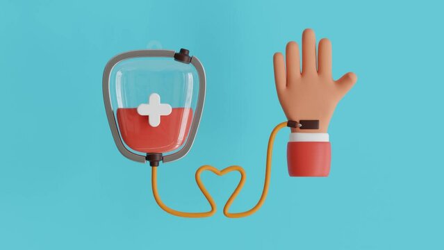 Blood Donor Day, 3d animation of giving blood to save lives, hands donating blood.