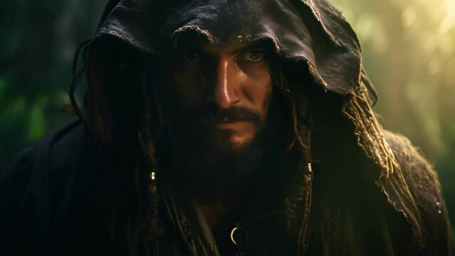 A mysterious and enigmatic pirate, shrouded in a cloak, shown against the backdrop of a hidden pirate hideout hidden deep within the forest.