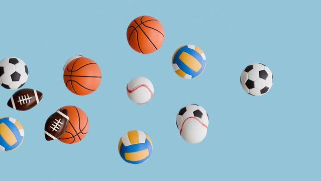 3D animation of balls from various sports, soccer, basketball, tennis, Volleyball, Baseball. Flying and floating moving in space. 3D sports Animation