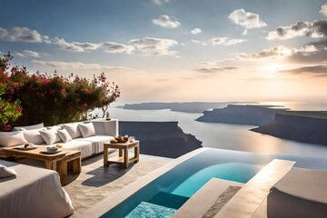 A cliffside villa perched on the edge of the Caldera, offering breathtaking views of the sea and the iconic Santorini sunset, creating a picturesque setting. - obrazy, fototapety, plakaty