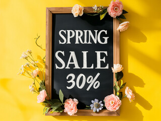 Image of a chalkboard sign with "SPRING SALE 30% " in elegant cursive, adorned with fresh wildflowers at the corners, against a sunny yellow backdrop