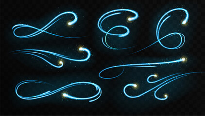 Set of Magic blue glowing shiny trail isolated on black transparent background. Vector illustration