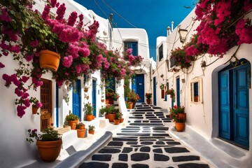 A quiet alleyway in Fira adorned with blooming flowers, traditional Cycladic architecture, and glimpses of the Aegean Sea in the distance. - obrazy, fototapety, plakaty
