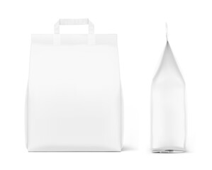 Paper packaging bag with handle mockup. Front and side view. Vector illustration isolated on white background. Ready for use in presentation, promo, advertising and more. EPS10.