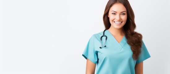Beautiful woman wearing medical scrubs, isolated on white background. Place holder, copy space banner for medical and beauty industry