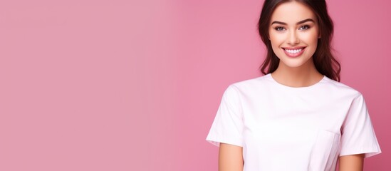 Beautiful woman wearing medical scrubs, isolated on pink background. Place holder, copy space banner for medical and beauty industry