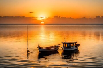 A peaceful sunrise over the horizon, casting a soft golden glow on the calm waters, while a lone fishing boat sets out for the day's catch.