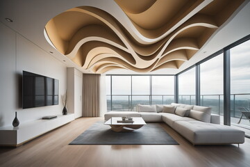 Abstract wavy ceiling in futuristic interior design of modern living room