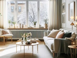 A simple and elegant living room in a Scandinavian style. The walls are painted a white, and the furniture is made of clean-lined lines and simple shapes.