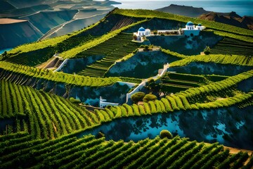A birds-eye view of the Santorini vineyards, with terraced slopes adorned with grapevines...