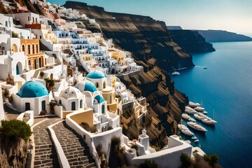 A leisurely stroll along the coastal path of Fira, offering breathtaking vistas of the caldera and the picturesque villages nestled along the cliffs. - obrazy, fototapety, plakaty