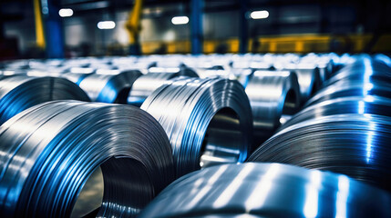 Galvanized steel rolls inside a factory or warehouse. Metallurgical production. Sheet metal for stamping. Selective focus. - obrazy, fototapety, plakaty