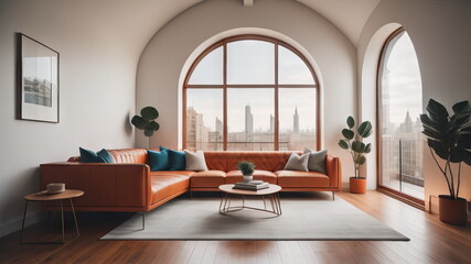 Arched window and terra cotta leather sofa in apartment