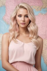 Obraz na płótnie Canvas A blonde girl wears a pink dress and looks elegant.generative AI