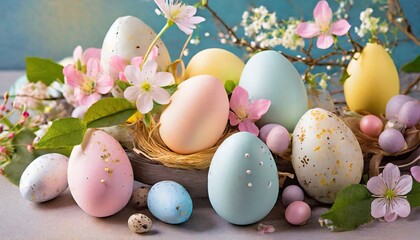 Fototapeta na wymiar Assorted Easter Eggs in Pastel Colors with Floral and Butterfly Decorations