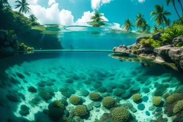 A panoramic vista of a vibrant lagoon fringed by coral reefs, showcasing a kaleidoscope of blues, greens, and turquoise under the midday sun. - obrazy, fototapety, plakaty