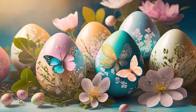 Assorted Easter Eggs in Pastel Colors with Floral and Butterfly Decorations
