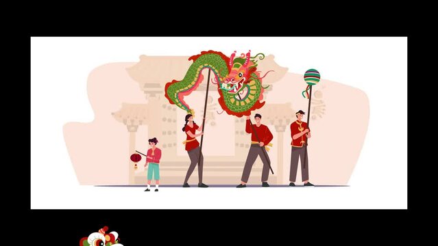 People characters for Chinese new year parade, isolated on beige background. Asian Men and Women performing traditional dragon and lion dance. Flat Characters Cartoon Vector Illustration.