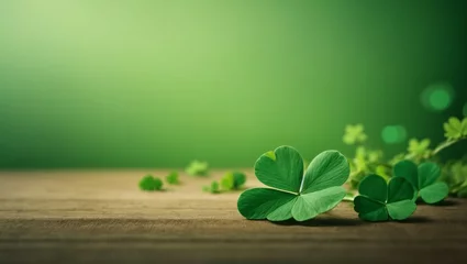 Fotobehang St Patricks Day background, pretty 4 leaf clovers, green and white, Generative AI © CraftyAI Creations