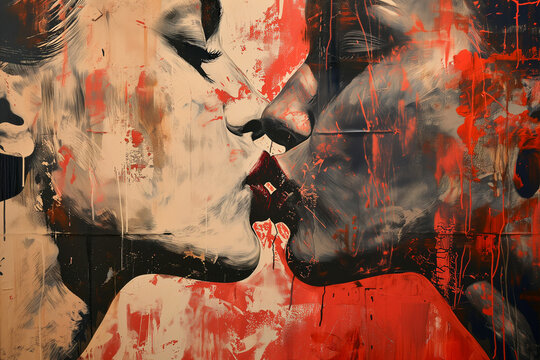 Couple women in love, painting illustration of lesbian kiss portrait, illustration