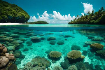 A panoramic vista of a vibrant lagoon fringed by coral reefs, showcasing a kaleidoscope of blues, greens, and turquoise under the midday sun.