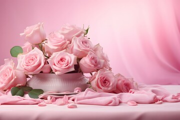 Fototapeta na wymiar Elegant Pink Roses on Silken Drapery