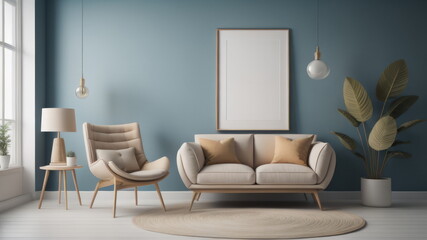 Beige armchair and mock up poster on blue wall