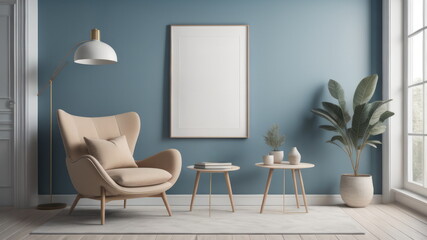 Beige armchair and mock up poster on blue wall