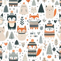 Modern Scandinavian folk abstract forest pattern Nordic minimalistic seamless ornament with geometric flowers, animal and plant branches.