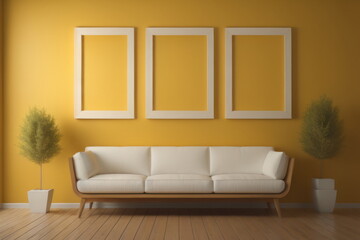 Blank wooden frames over yellow wall