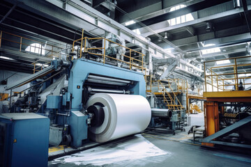 Paper production machine. Powerful modern equipment for the production of coated paper. Paper industry.