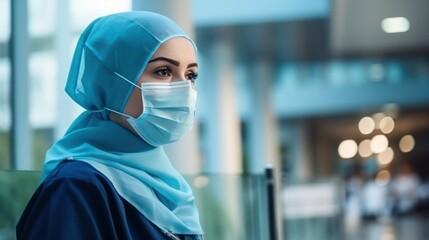 Muslim female Doctor with face mask at hospital, Arab person.