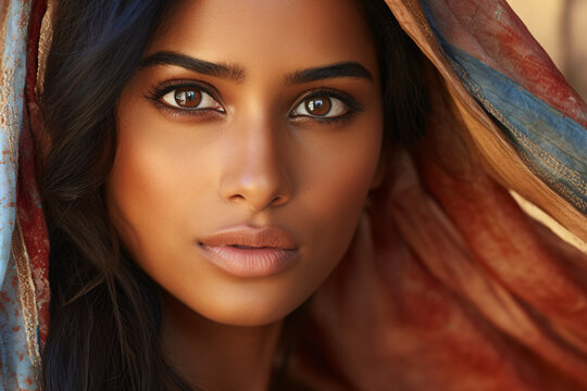 Close up of face of young beautiful Indian woman