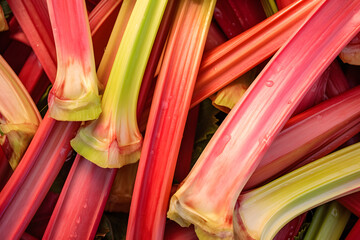 Close up of raw pink and green rhubarb vegetable stalks