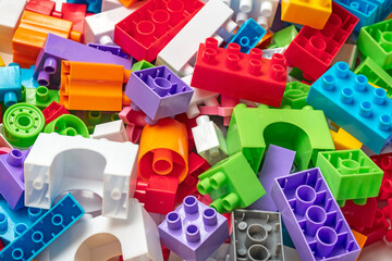 Colorful plastic construction blocks Children's construction kit Educational concept   - 707654332