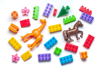 Colorful plastic construction blocks Children's construction kit Educational concept   - 707654340